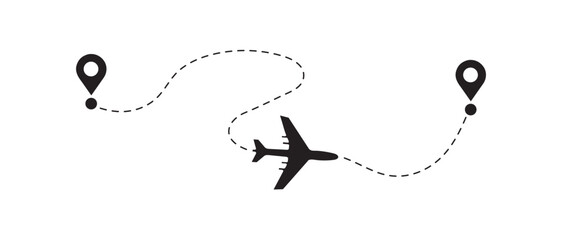 Airplane Travel Path with Red and Black Destination Map Pins
