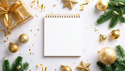 Golden ornament, fir branch, blank notepad, festive gift, sparkling confetti, and holiday star create cheerful Christmas greeting card scene with space for text