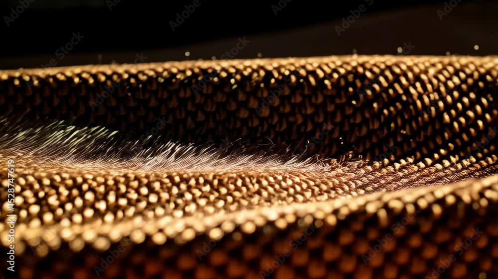 Poster abstract closeup video of a golden-brown textured surface with raised, repeating patterns and subtle