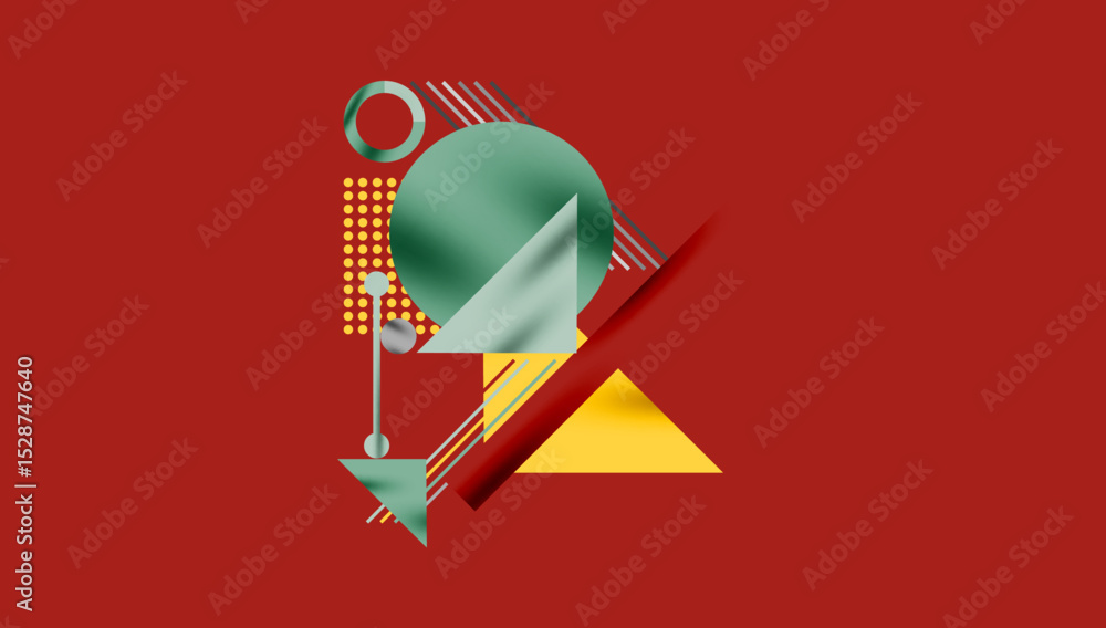 Aufkleber Abstract geometric composition. Shapes overlap, creating dynamic visual interest. Red background emphasizes forms, lines, textures.