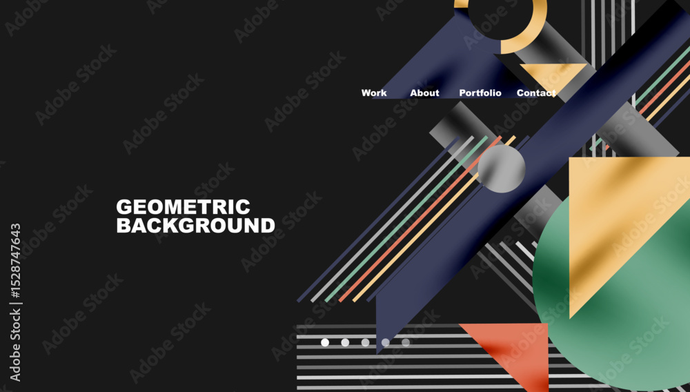 Poster abstract geometric design. dark background features colorful shapes, lines, text elements. modern ae