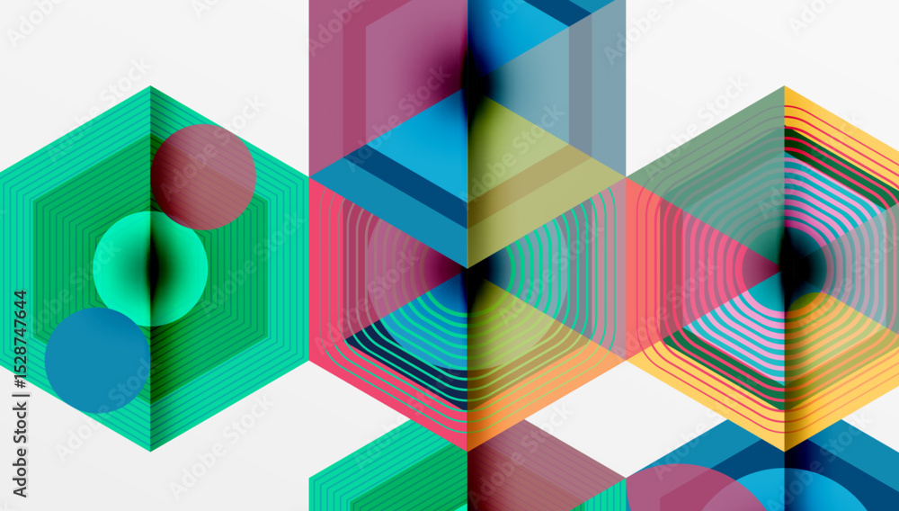 Poster abstract geometric shapes, vibrant colors, layered design. hexagons, circles create complex visual p