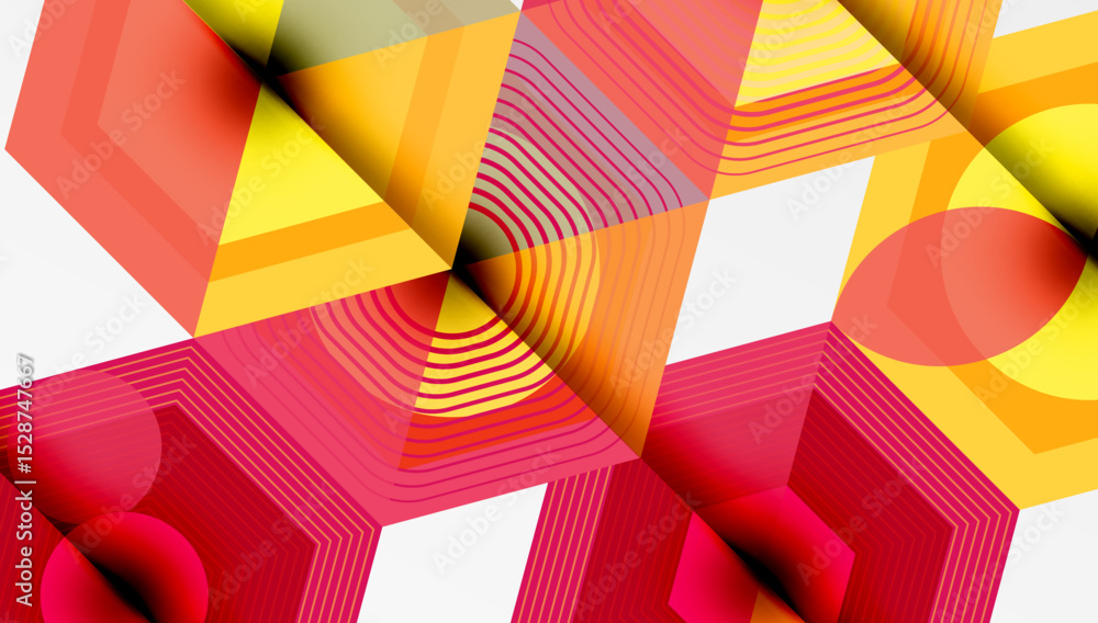 Poster Abstract geometric composition. Overlapping shapes create dynamic visual effect. Warm colors dominate, with subtle gradients. Modern design.