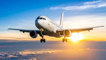 Obraz premium Airplane Taking Off at Sunset Stunning Aerial View