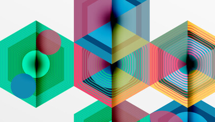 Abstract geometric shapes, vibrant colors, layered design. Hexagons, circles create complex visual pattern. Modern, artistic composition.