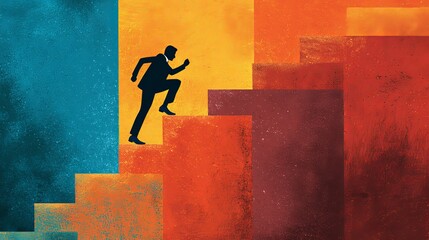 Businessman climbing tall stairs toward career success and goals