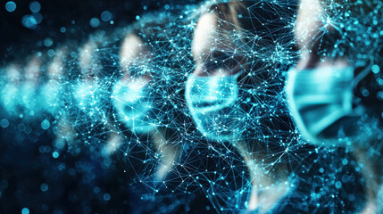 Series of masked faces connected by digital network symbolizes spread of information and health related content online. image highlights role of social media in disseminating health misinformation