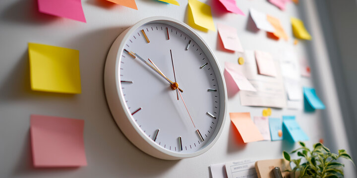 Colorful sticky notes surround elegant wall clock, planning schedules.