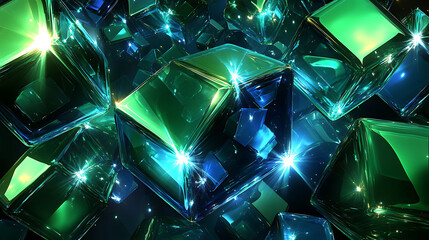 A collection of glossy 3D cubes in rich emerald green and royal blue, with glowing edges and radiating lighting effects from within, creating a digital space filled with energy and light,