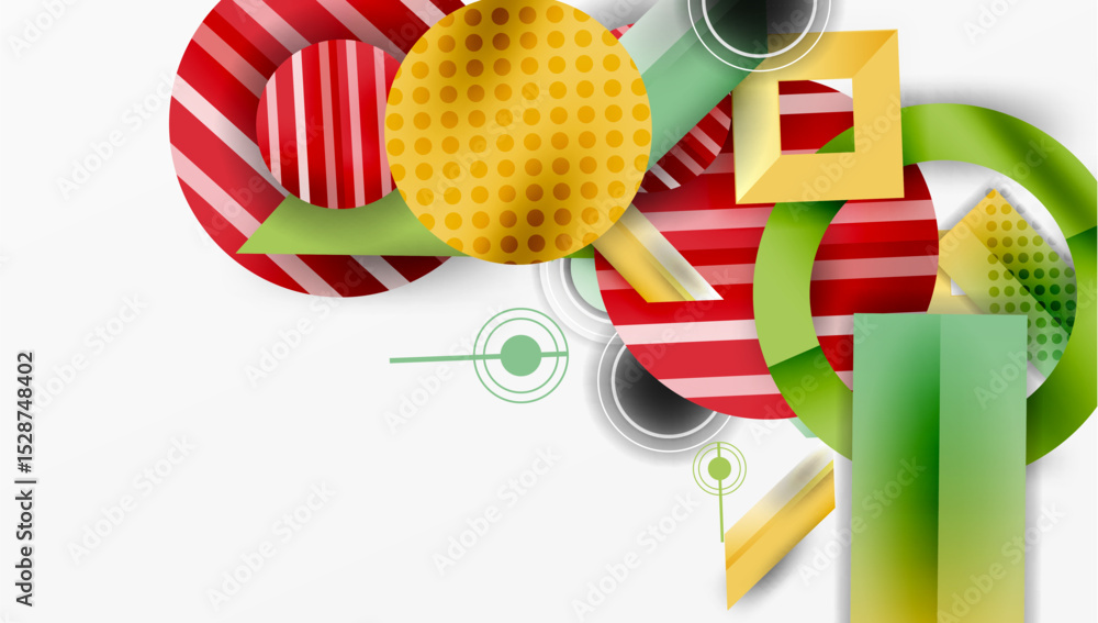 Poster abstract geometric shapes overlap, creating dynamic composition. red, green, yellow tones dominate d