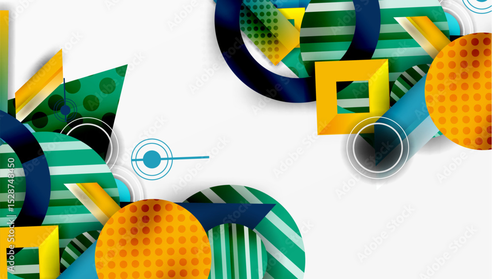 Poster abstract geometric shapes overlap, creating dynamic composition. colors include green, orange, blue,