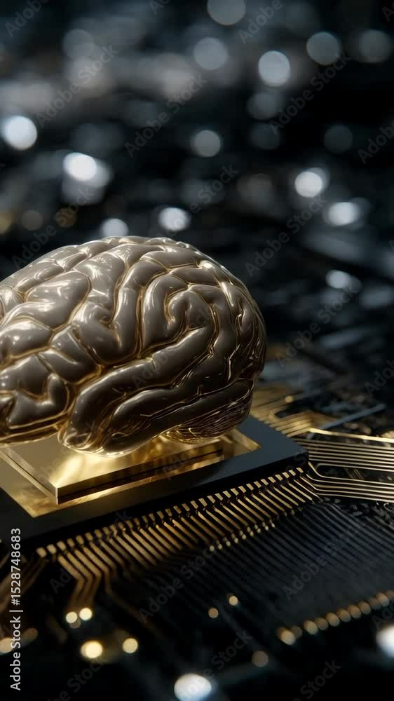 Poster artificial brain resting on microchip, representing artificial intelligence and computing power, con