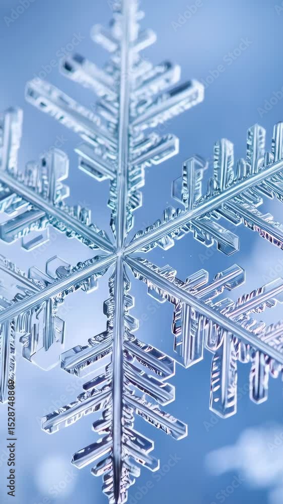 Poster detailed macro photograph showcasing the delicate, symmetrical structure of a snowflake on a light b
