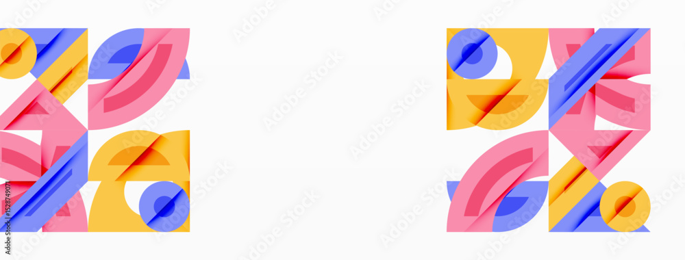 Poster Abstract design features colorful overlapping shapes. Geometric patterns create modern visual interest. Bright hues dominate composition.
