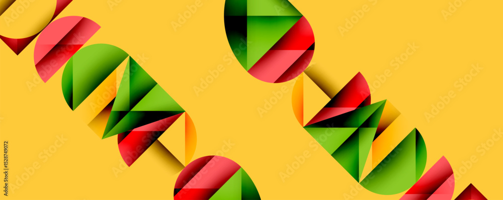 Poster abstract design features repeating geometric shapes. red, green elements contrast against yellow bac