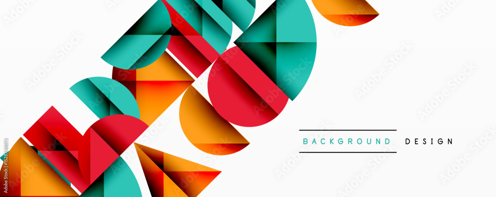 Poster Abstract geometric shapes overlap, creating vibrant color blocks. Modern design features orange, red, teal hues on white backdrop.