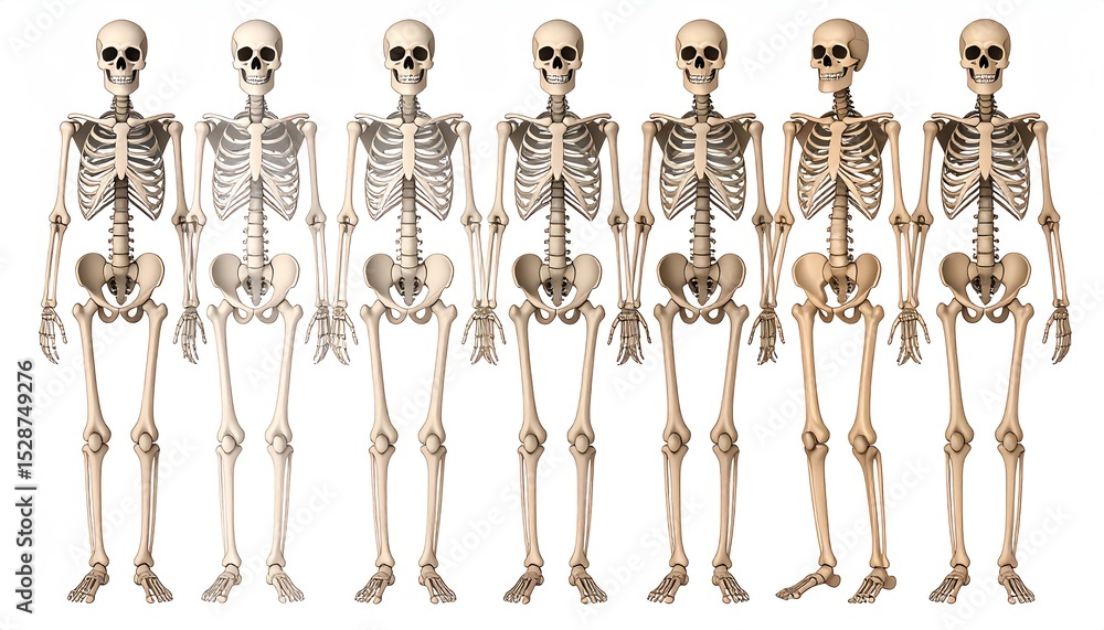 Poster group of human skeletons displaying various poses in a strikingly isolated and artistic arrangement 
