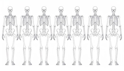 Multiple human skeletons forming a line isolated on a white background, perfect for educational and medical illustrations