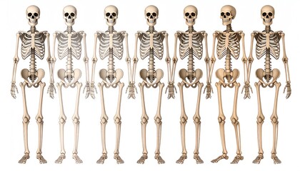 Group of human skeletons displaying various poses in a strikingly isolated and artistic arrangement for medical use