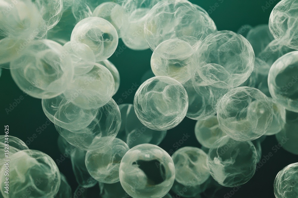 Poster floating translucent bubbles create a mesmerizing abstract display in a deep green atmosphere, infla