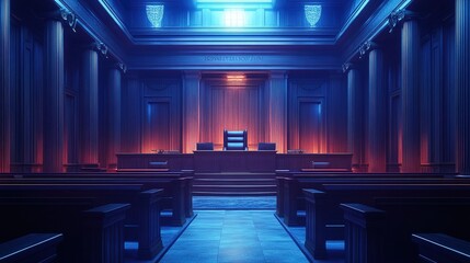 A futuristic courtroom where AI-powered judges make legal decisions