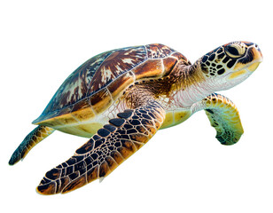 Fototapeta premium Close-up of a sea turtle swimming, isolated on transparent background. Beautiful marine animal with detailed shell and flippers, ideal for ocean, wildlife, and nature-themed designs.