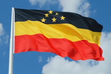 Naklejka premium Flag of Germany waving in the breeze against a blue sky with fluffy clouds showcasing national colors, The flag of Germany waving in the breeze, realistic 3D, under blue sky and white clouds