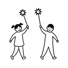 Happy children holding sparkler line drawing illustration