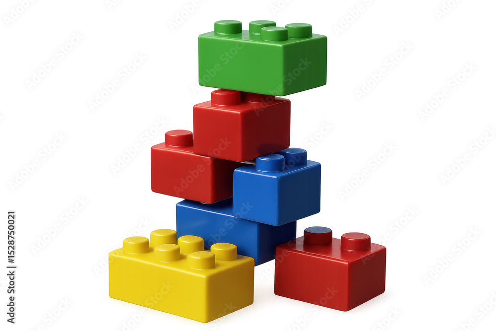 Poster colorful interlocking building blocks stacking randomly, displaying geometric arrangement against tr