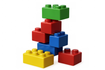 Colorful interlocking building blocks stacking randomly, displaying geometric arrangement against transparent surface