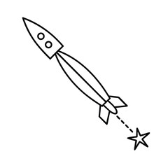 Simple line drawing rocket launching into space star