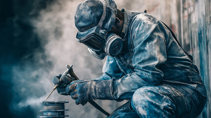 A painter in working clothes paints a metal shut-off valve for gasification from a compressor gun