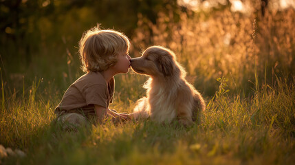A Little boy kisses the dog on grass in summer day