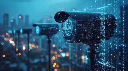 A futuristic city with an AI-driven surveillance system watching every move 