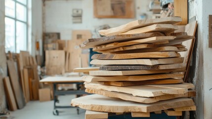 Wooden Planks Ready for Crafting, freshly cut timber stacked in a workshop, poised for custom furniture creation