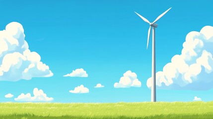 Fototapeta premium Wind turbine in a vibrant grassy field beneath a clear blue sky, representing the promise of renewable energy for a sustainable future