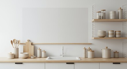 Minimalist Beige and White Kitchen Shelf with Wooden Utensils
