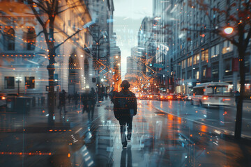 Person explores futuristic city with AR holograms and data layers via digital heads-up display.