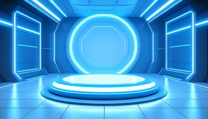 Striking blue room with a round light creating a futuristic aesthetic for a unique showcase environment