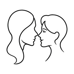 Two women facing each other line drawing romantic couple