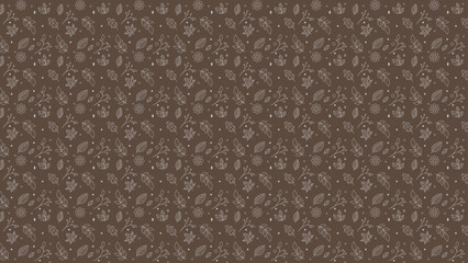 Fototapeta premium seamless leaves doodle line art. Pattern of several leaves combination with line art style on brown background version 2.