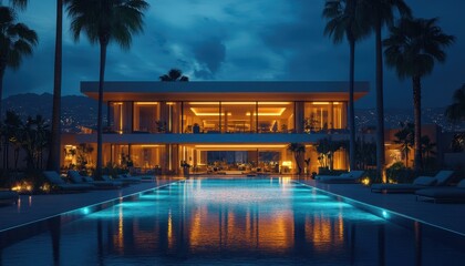 Modern Luxury Villa with Illuminated Pool at Night overlooking City Lights