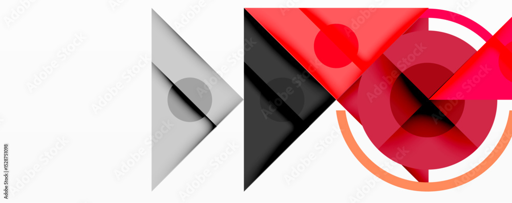 Poster abstract geometric shapes overlap, creating dynamic composition. red, gray, white colors dominate de