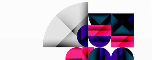 Abstract geometric composition. Shapes overlap, creating dynamic visual interest. Colors include pink, purple, teal, black, white. Modern design.