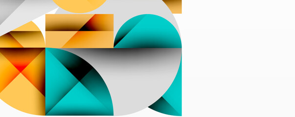 Abstract geometric shapes overlap, creating dynamic composition. Colors include teal, orange, white, gray. Modern design elements present.
