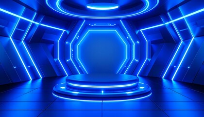 Contemporary futuristic room with blue lights creating a sci-fi setting for a unique showcase experience