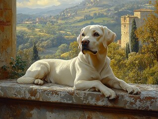 White Labrador resting on ancient castle stone ledge overlooking Tuscan hill village landscape. Oil painting reproduction art for historical decor, pet-themed prints