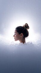 A serene woman, profile view, nestled in a cloud of ice