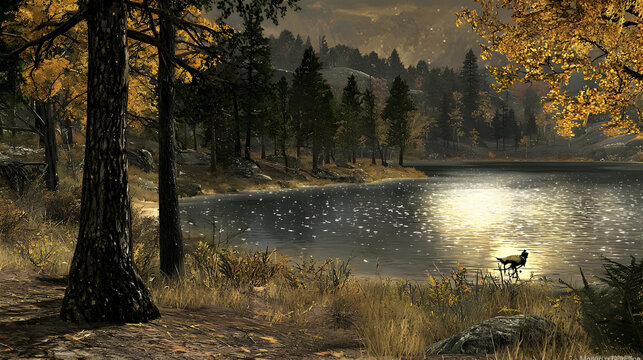 Tranquil autumnal lake scene. Dense forest surrounds a calm lake, bathed in golden light. A bird stands on the shore