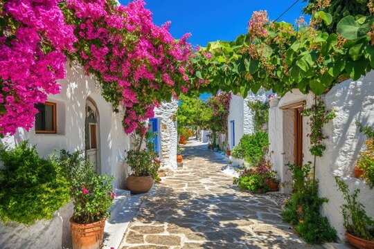Fototapeta Explore the picturesque streets adorned with vibrant flowers in a charming Greek island village, Romantic greek island in Aegean sea of Greece Travel to Paros of Cyclades